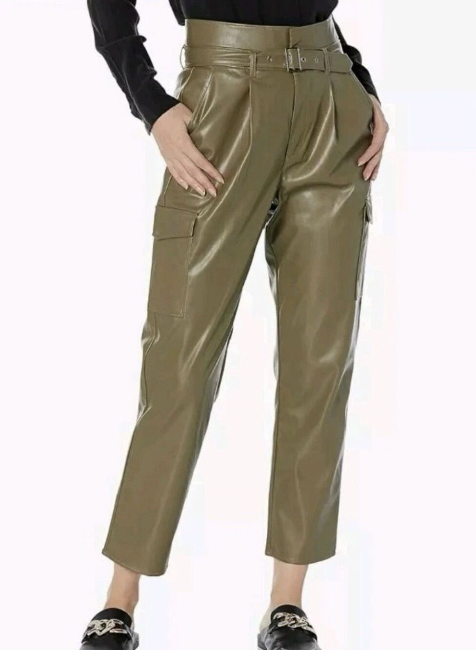PAIGE Jeans NEW Faux Leather Utility Pants Army Green Cargo Pockets Size 12